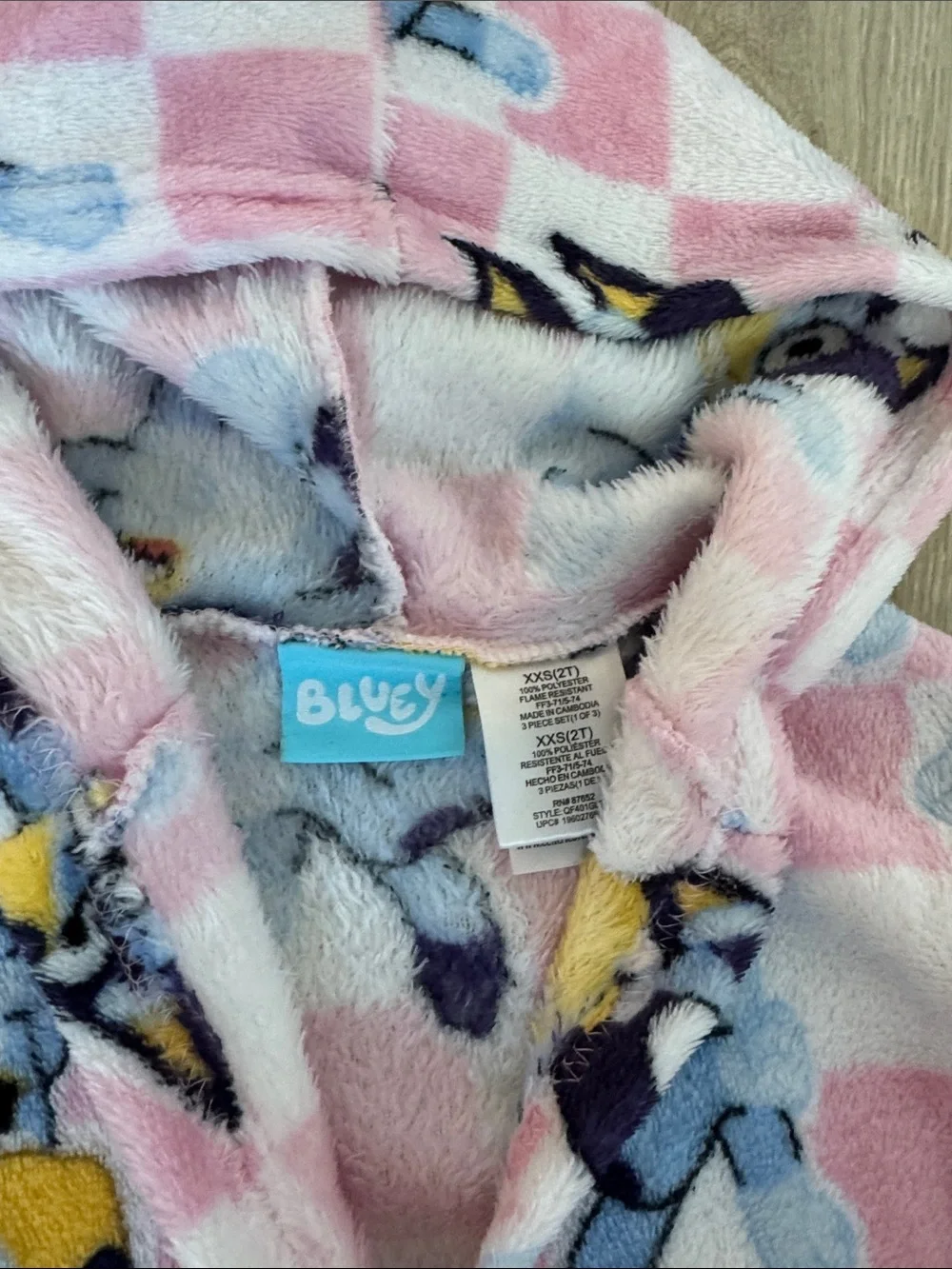 BLUET Pink, White and Blue Hooded Plush Robe with Pattern